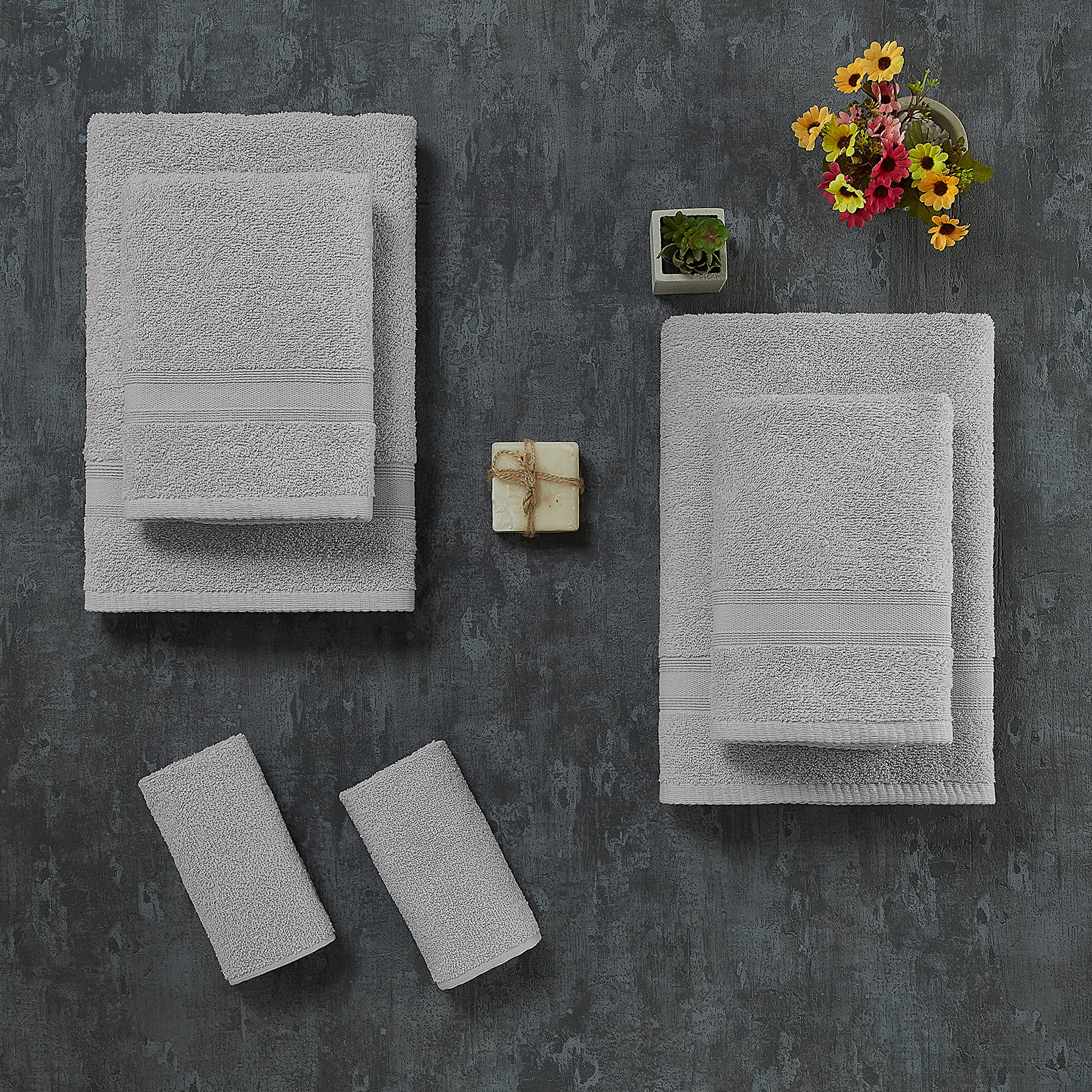 Tuiste Set Asciugamani Bagno Grigio Chiaro Perla, Hotel, Cotone, 2 Telo Doccia 70x140cm + 4 Asciugamani 50x90cm + 2 Asciugamani Ospiti 30x50cm, Asciugamani Bagno Viso e Bidet, Morbidi, Assorbenti