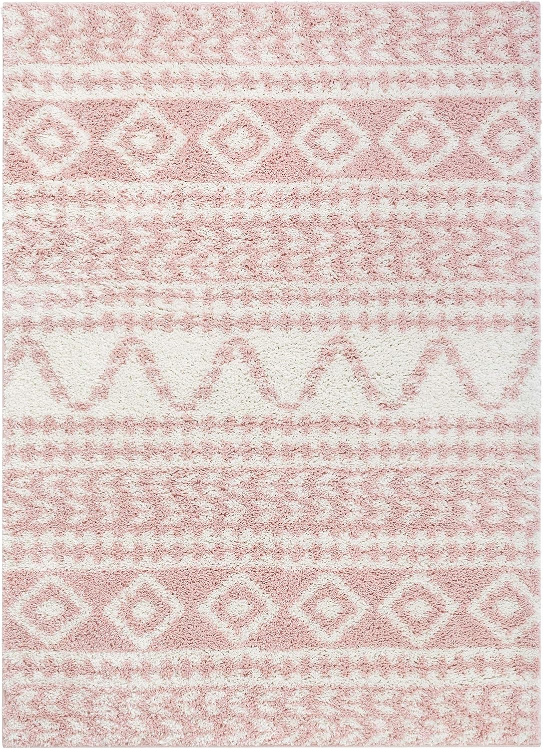 Well Woven Madison Shag Cossima Tribal Diamond Stripes Shag Blush Pink 2'3" x 7'3" Runner Rug