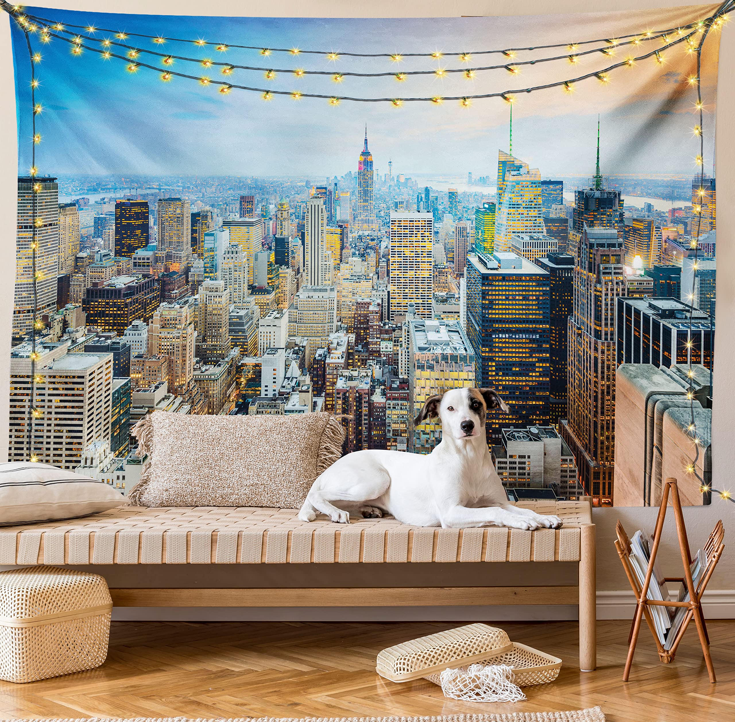 Ambesonne American Tapestry, New York City Aerial with Skyscrapers Manhattan Urban Architecture Panorama, Wide Wall Hanging for Bedroom Living Room Dorm, 60