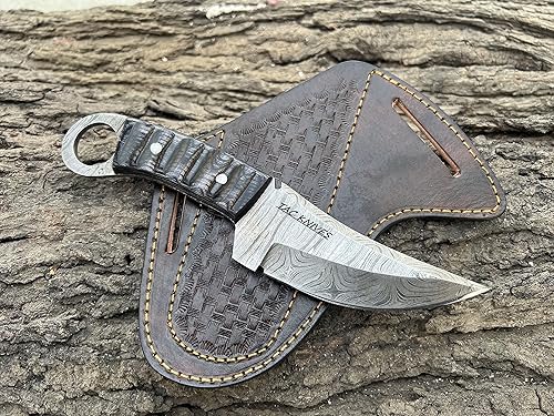 TAC Knives - Cuchillo de supervivencia Bushcraft 12T27 de acero de Damasco de hoja fija para exteriores, mango de madera Pakka - Funda de cuero para