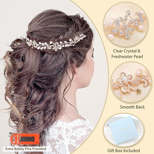 Miniatura 7 de Ammei Headpiece Diademas nupciales de lujo de oro rosa con perlas de agua dulce auténticas enredaderas para el cabello para novias, damas de honor,