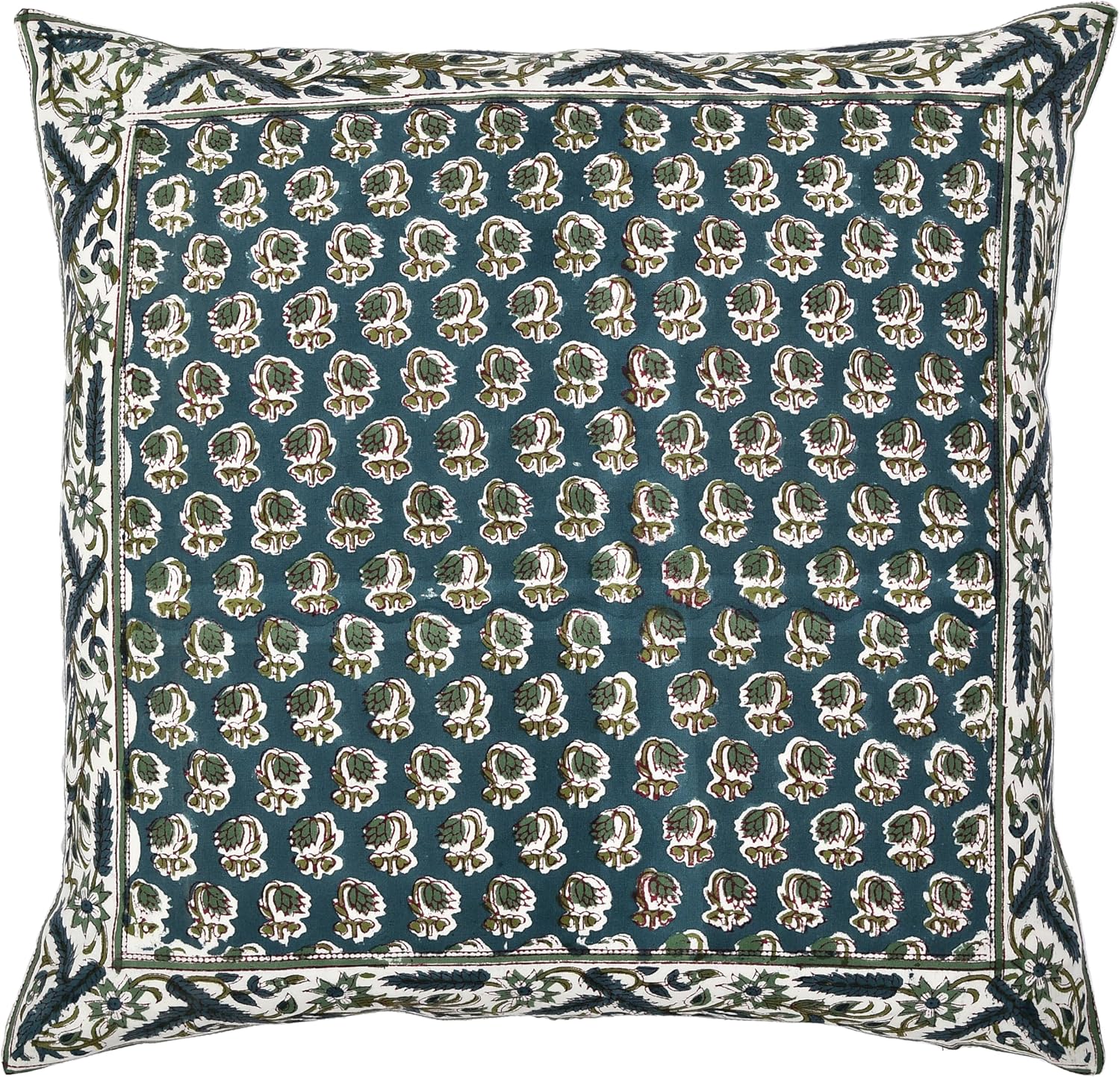 Ridhi Hand Block Print Peacock Blue 20"x20" Set of 2 - Modern Farmhouse Pillow Covers Decorative Cotton Throw Covers with Border for Couch, Sofa, Bed, Living Room Gift Spring, Easter, Valentine
