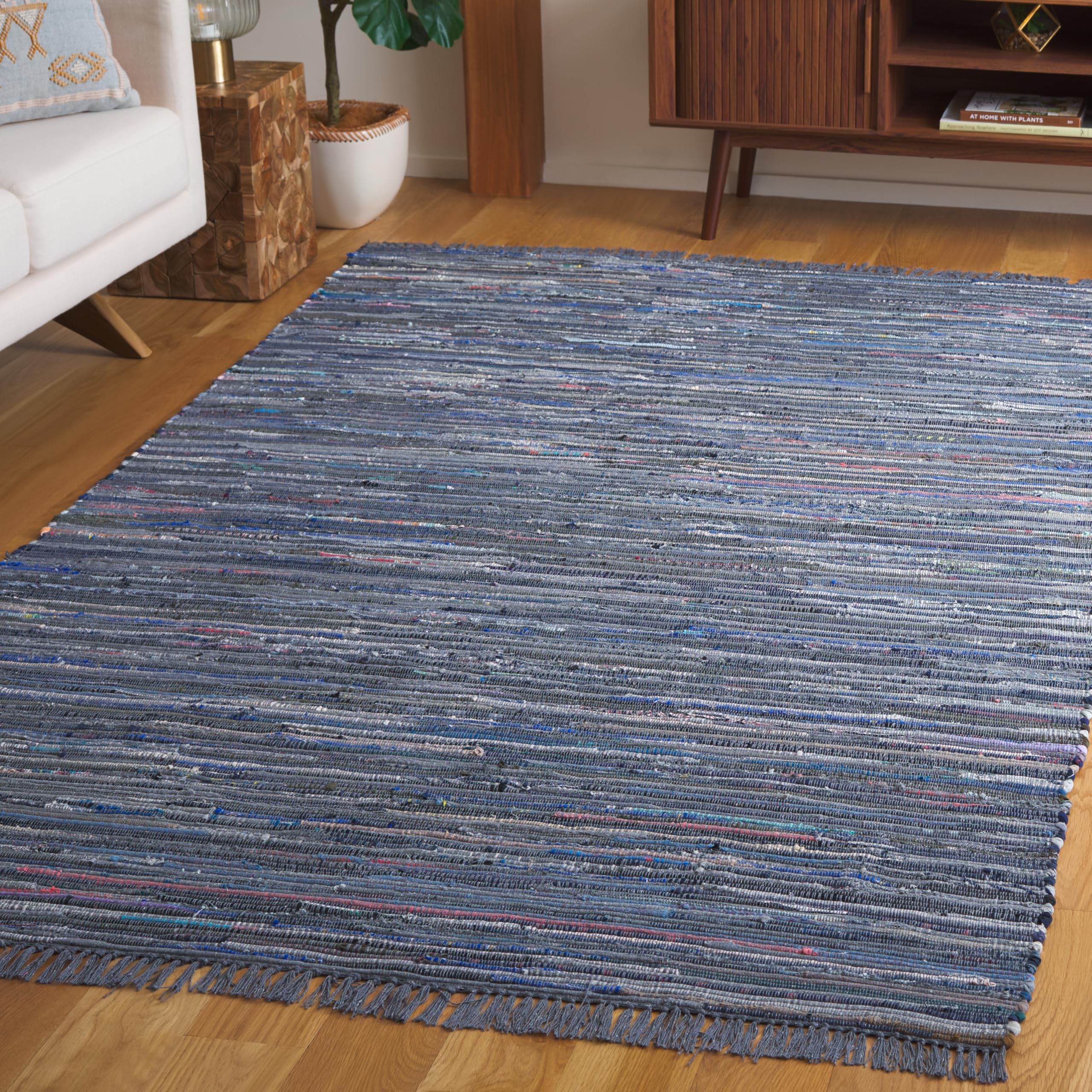 SAFAVIEH Rag Rug Collection Accent Rug - 4' x 6', Ink & Multi, Handmade Boho Stripe Cotton, Ideal for High Traffic Areas in Entryway, Living Room, Bedroom (RAR121C)