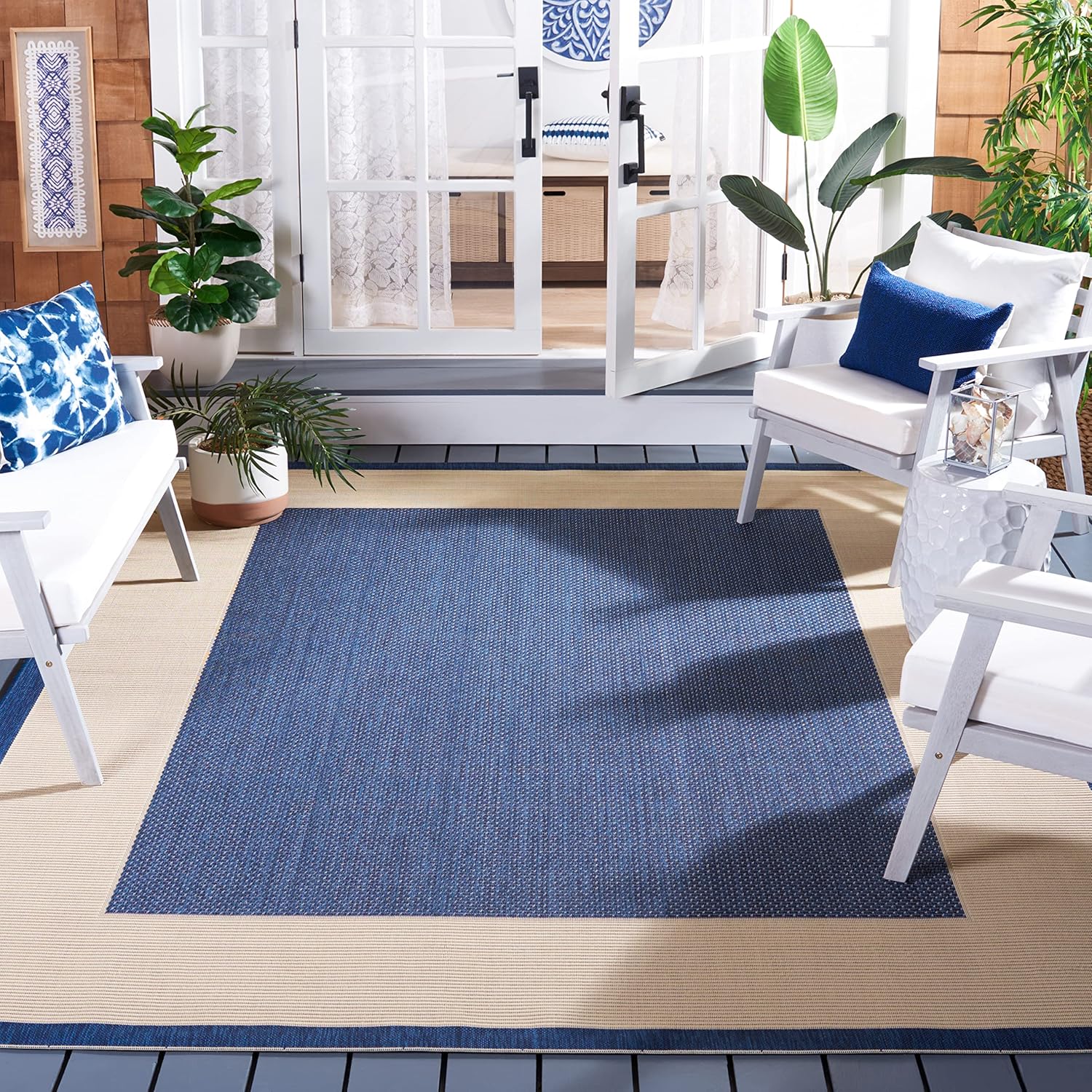 SAFAVIEH Washable Rug Outdoor Courtyard Collection - 6'7" Square, Navy & Beige, Non-Shedding & Easy Cleaning, Ideal for Patio, Backyard, Mudroom (CY7987-25821)