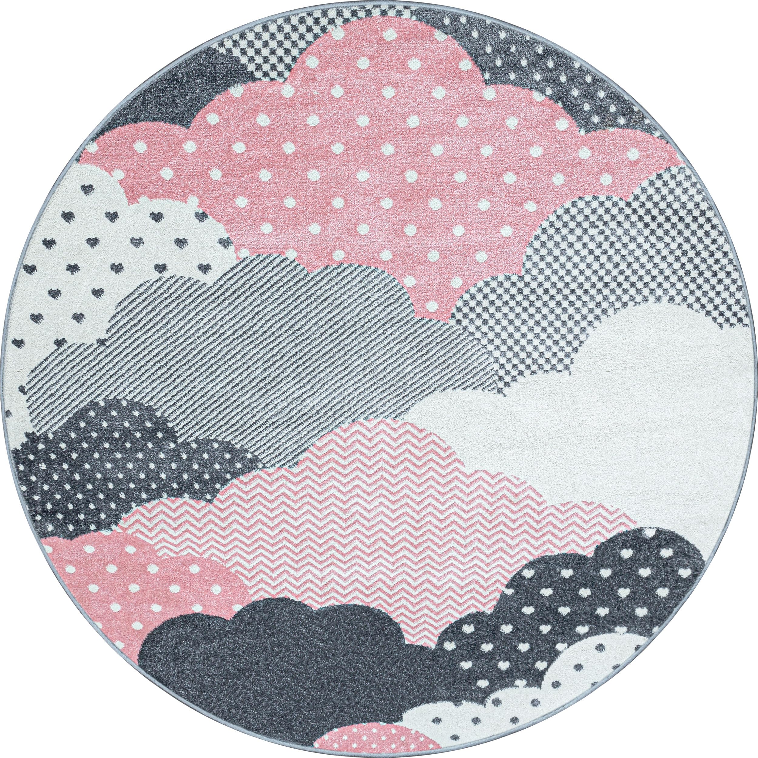 Tapis Enfant Tapis Rond Chambre d'enfant Salle de Jeux Rose 160 x 160 Motif Nuage Poils Courts