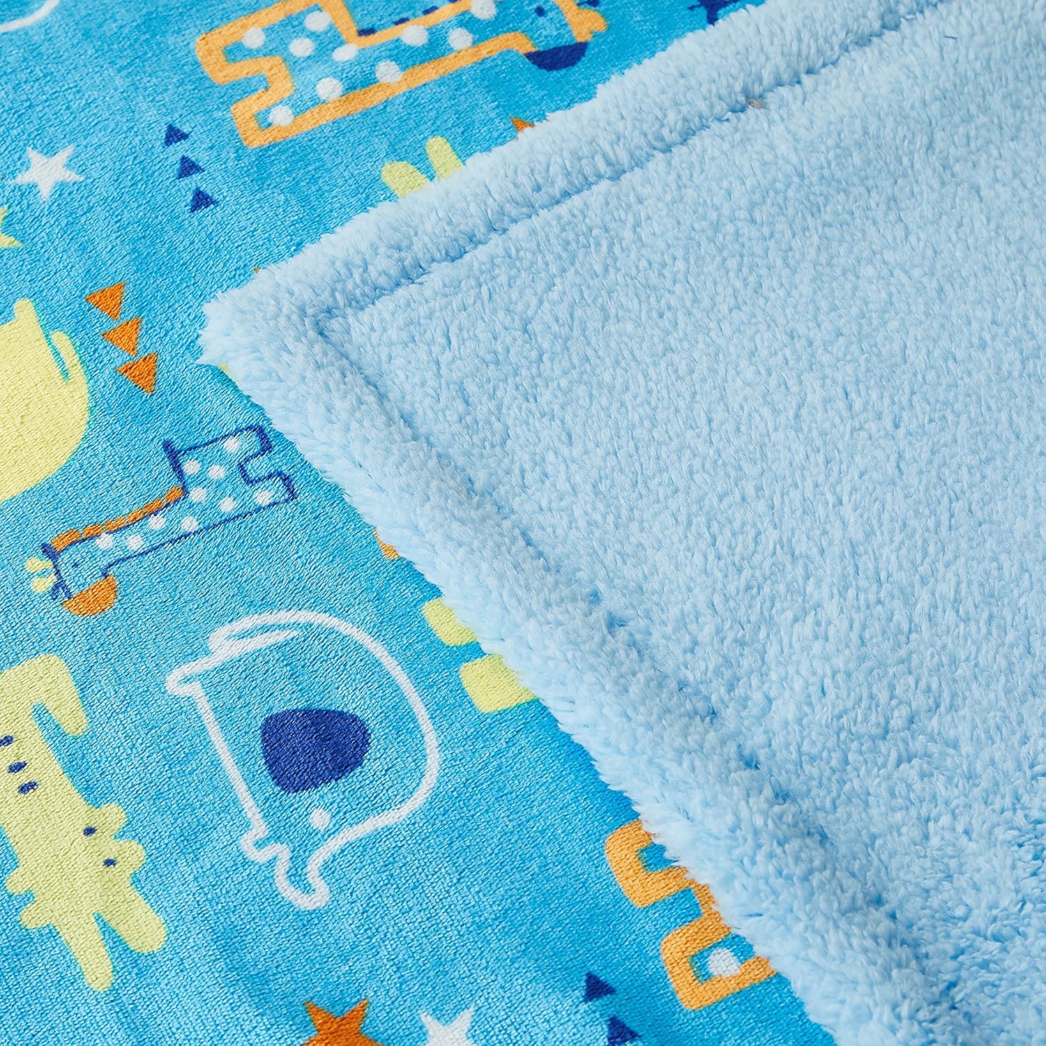 Marina Decoration Reversible Rich Printed Woven Fluffy Plush Soft Warm Flannel Fleece Sherpa Kids Children Blanket, 30 x 40 Inch Yellow Blue Green Color Animal Zoo with Blue Base Pattern