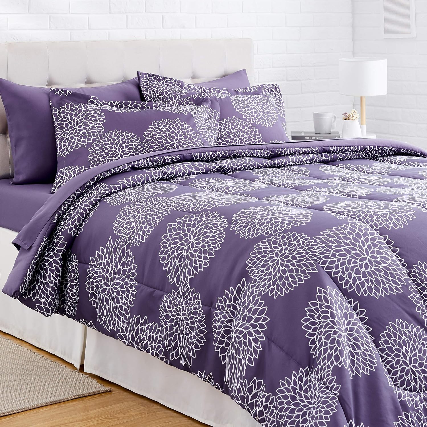 Amazon Basics Full/Queen Comforter Set with Sheets, 7-Piece Purple Floral Bedding, Lightweight Microfiber Bed-in-a-Bag