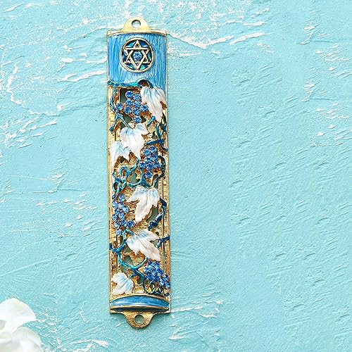 Miniatura 3 de Matashi Hand Painted Blue and Ivory Enamel Grape Mezuzah Embellished with Gold Accents and Crystals Home Door Wall Decor Housewarming Present Gift