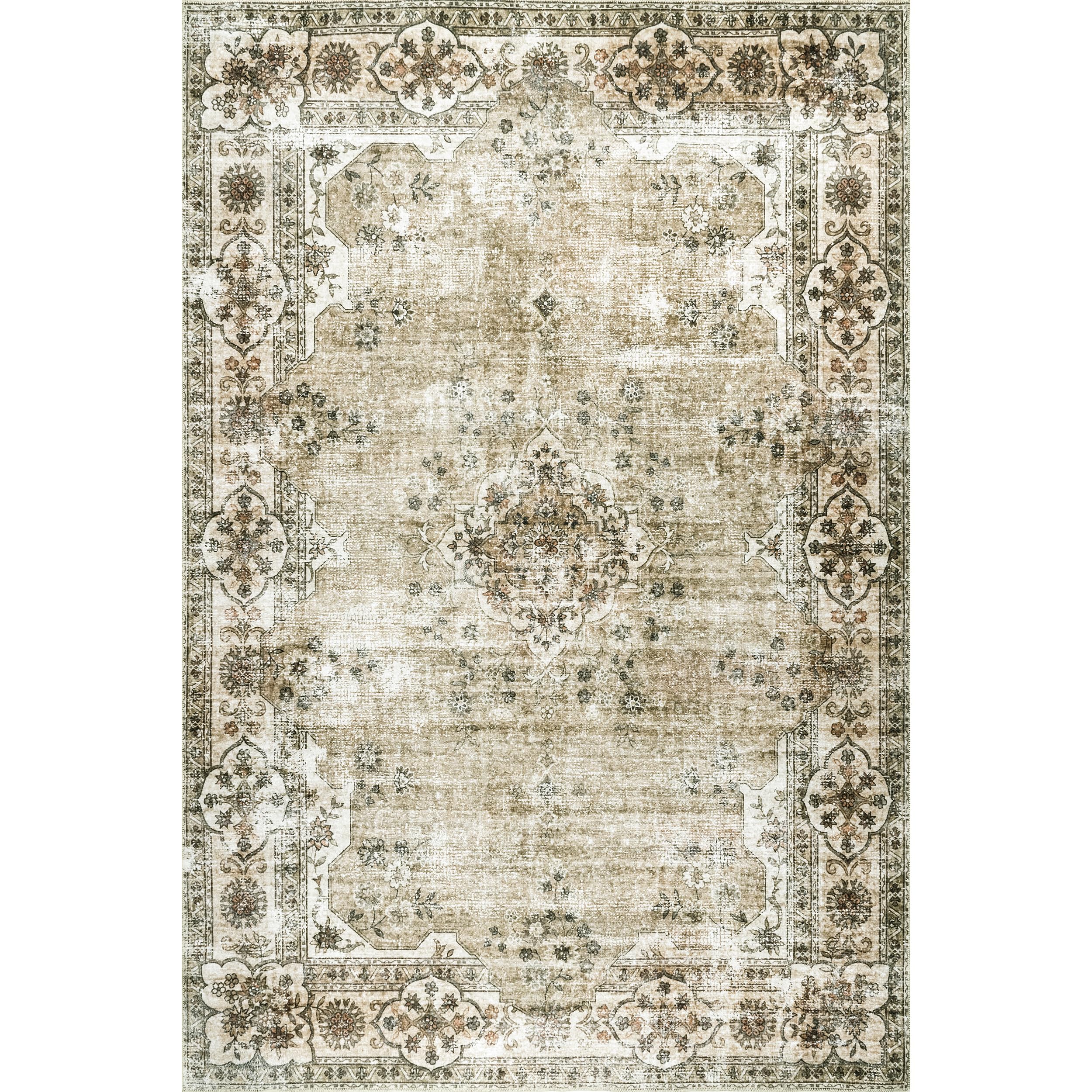 NuLOOM Läufer Teppich 60x200 Cm | Maschinenwaschbar Mit Blumen-Bordüre | Beige, Rutschfest & Pflegeleicht