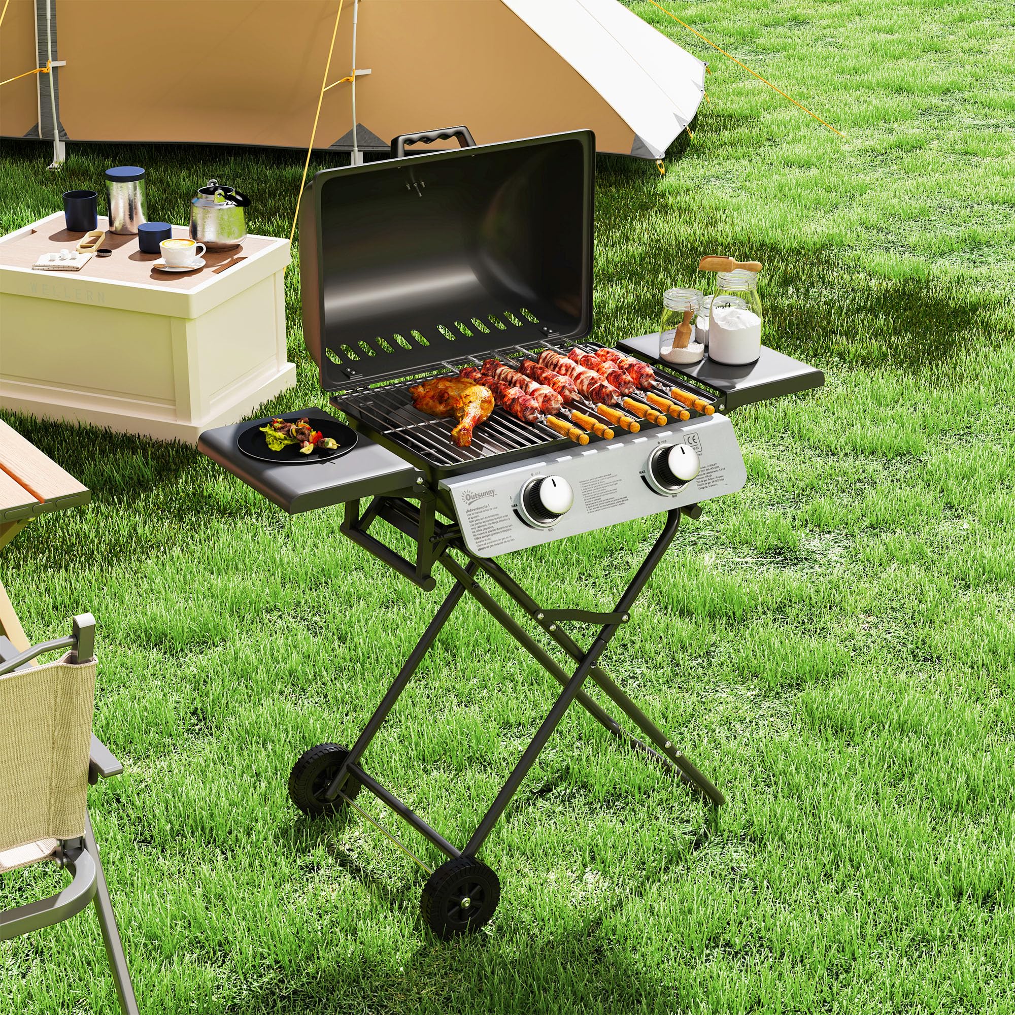 Outsunny Gasgrill mit 2 Edelstahlbrennern, 2,8 kW, tragbarer Grill, zusammenklappbar, mit Seitentischen, abnehmbarem Tablett, Thermometer und 2 Rollen für Picknick, Camping, 101 x 50 x 102 cm, Schwarz