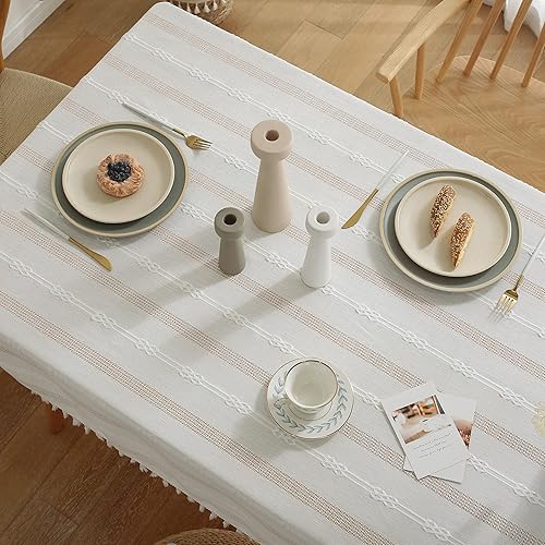 Miniatura 4 de Gernaice Mantel bordado de rayas rústicas con borlas cuadradas pesadas y de lino de algodón, sin arrugas, lavable, para cocina, comedor, fiesta,