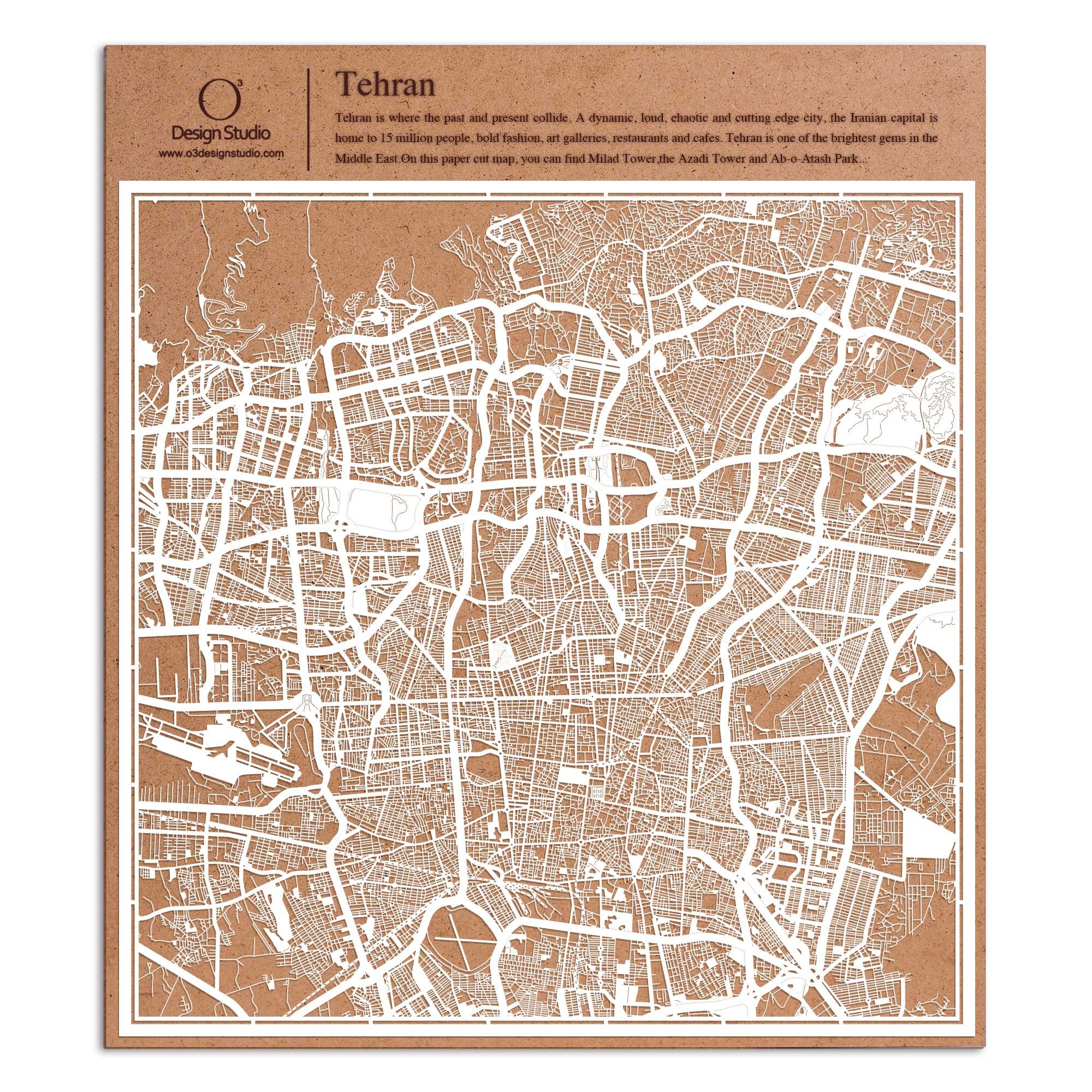 Tehran Paper Cut Map by O3 Design Studio White 30x30 cm Paper Art