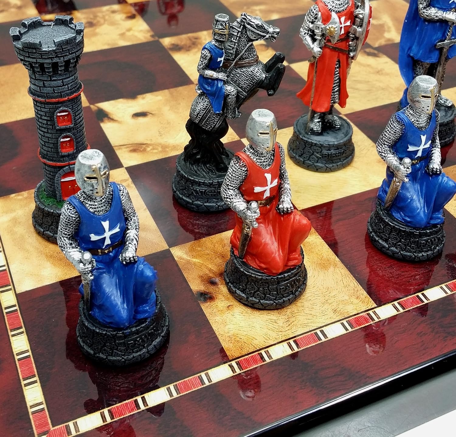 HPL Medieval Times Red & Blue Maltese Warrior Knight Chess Set W/ 18" High Gloss Cherry & Burlwood Color Board