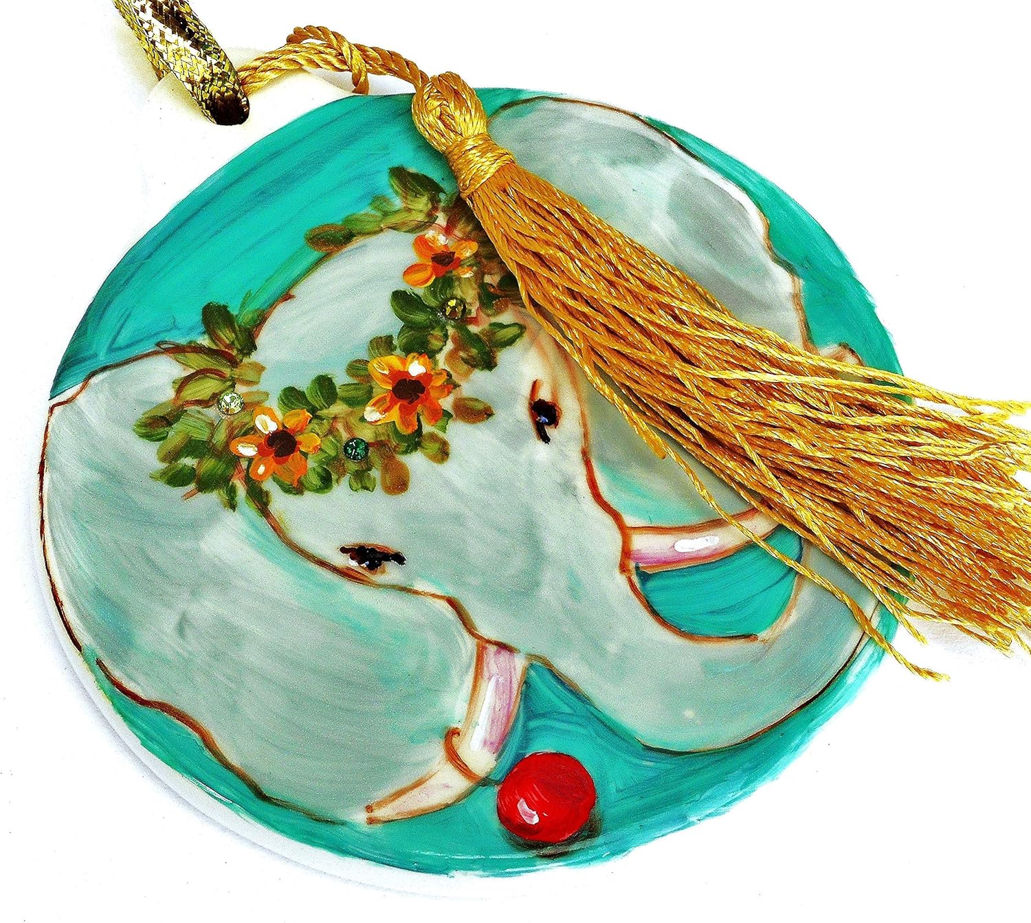 Large Round Ceramic Ornament with Artist Hand Drawn and Painted Bohemian Elephant Crystal Rhinestones Tassel Boho Christmas Decorations Bohemian Holiday Decor