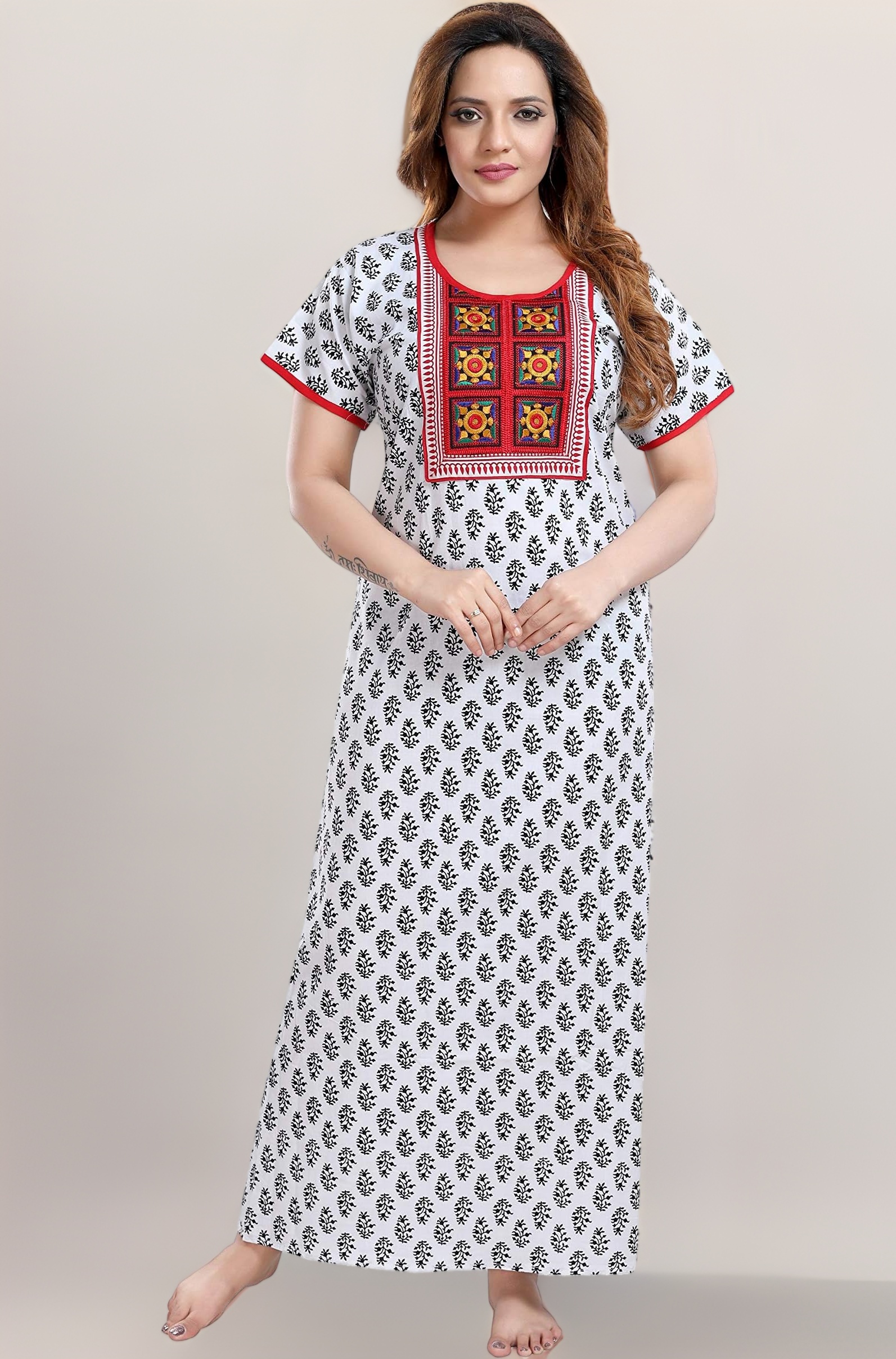 TRUNDZ Women's Cotton Embroidered Maxi Nighty (NTY2378_White_Free Size)