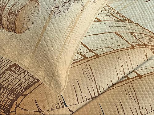 Miniatura 3 de Ambesonne Juego de colcha de vino, barriles de madera y racimo de uvas sobre fondo de madera, arte temático de cosecha botánica, colcha decorativa