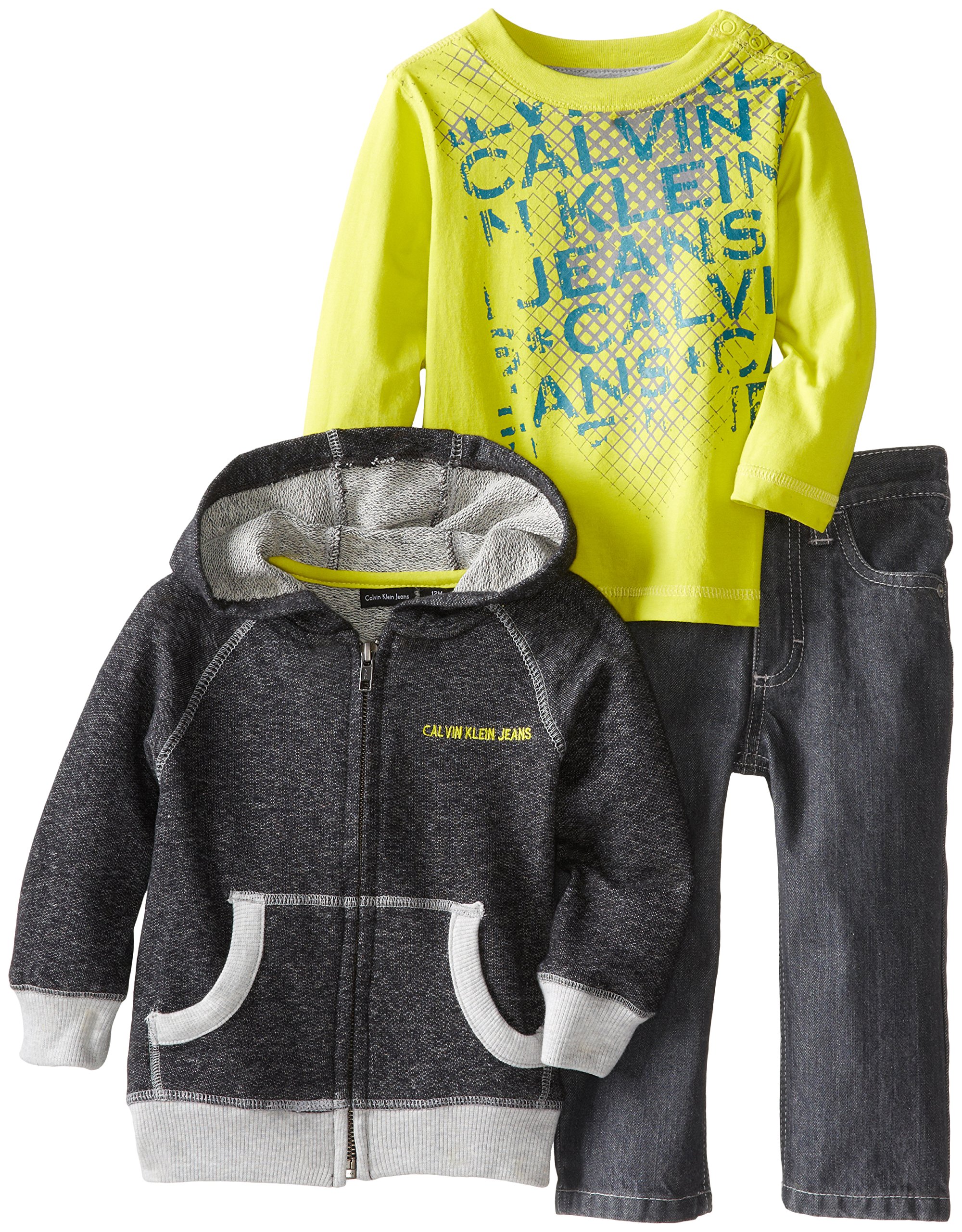 Calvin Klein Baby-Boys Infant Black Hooded Jacket with Yellow Tee and Pants