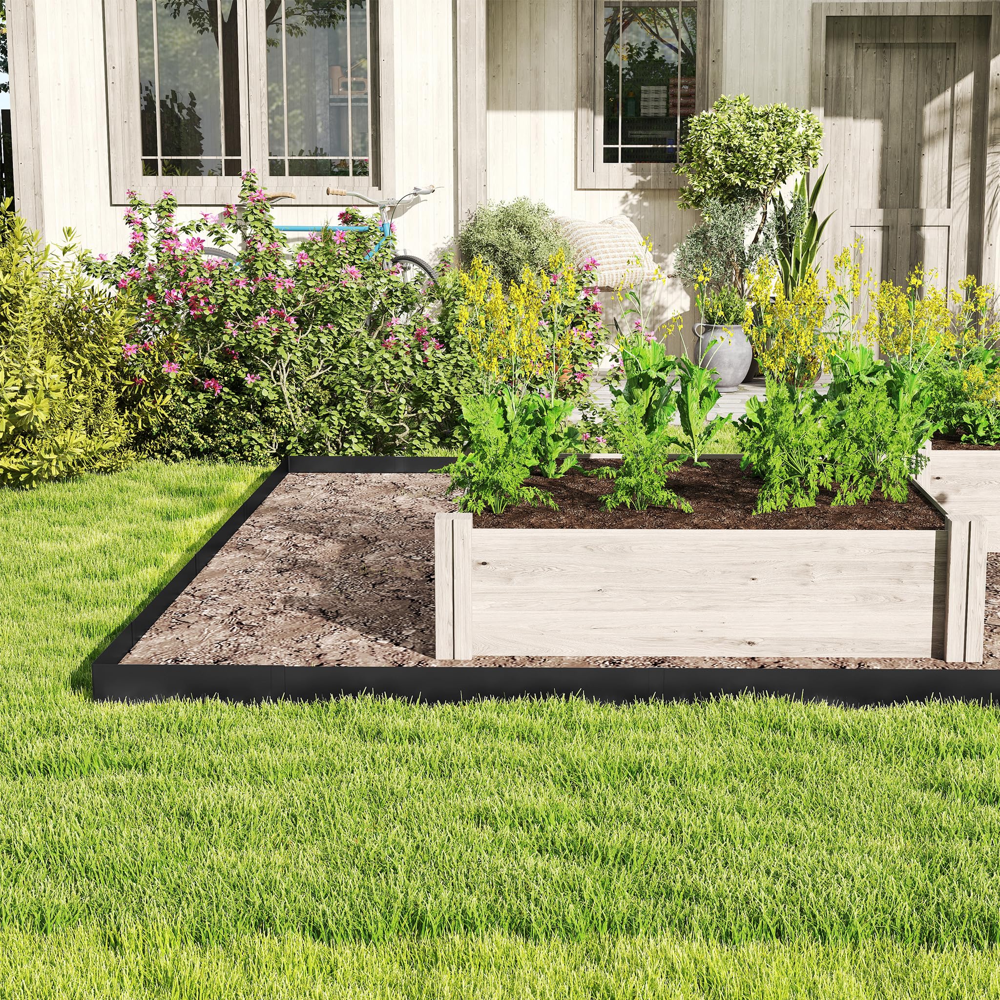 Aufun 15 Stück Rasenkante verzinkt Metall, 15.9 M Flexible Beeteinfassung Mähkant Palisade Gartenbeet mit Dornen, Beetumrandung für Hof Garten Bauernhof verwendet Werden, Schwarz (106cmL x 16 cmH)