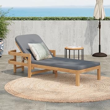 Christopher Knight Home Kayas Acacia Wood Chaise Lounge with Adjustable Backrest, 77.5 Outdoor Sun Lounger with Cushion, Modern Patio Lounger Recliner Chair for Poolside Lawn, Light Teak+Gray, 1PCS