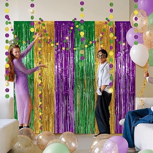 Miniatura 8 de Cheerland Telón de fondo de Mardi Gras de color verde dorado y morado con flecos de papel de aluminio para martes gruesos, guirnalda de lunares