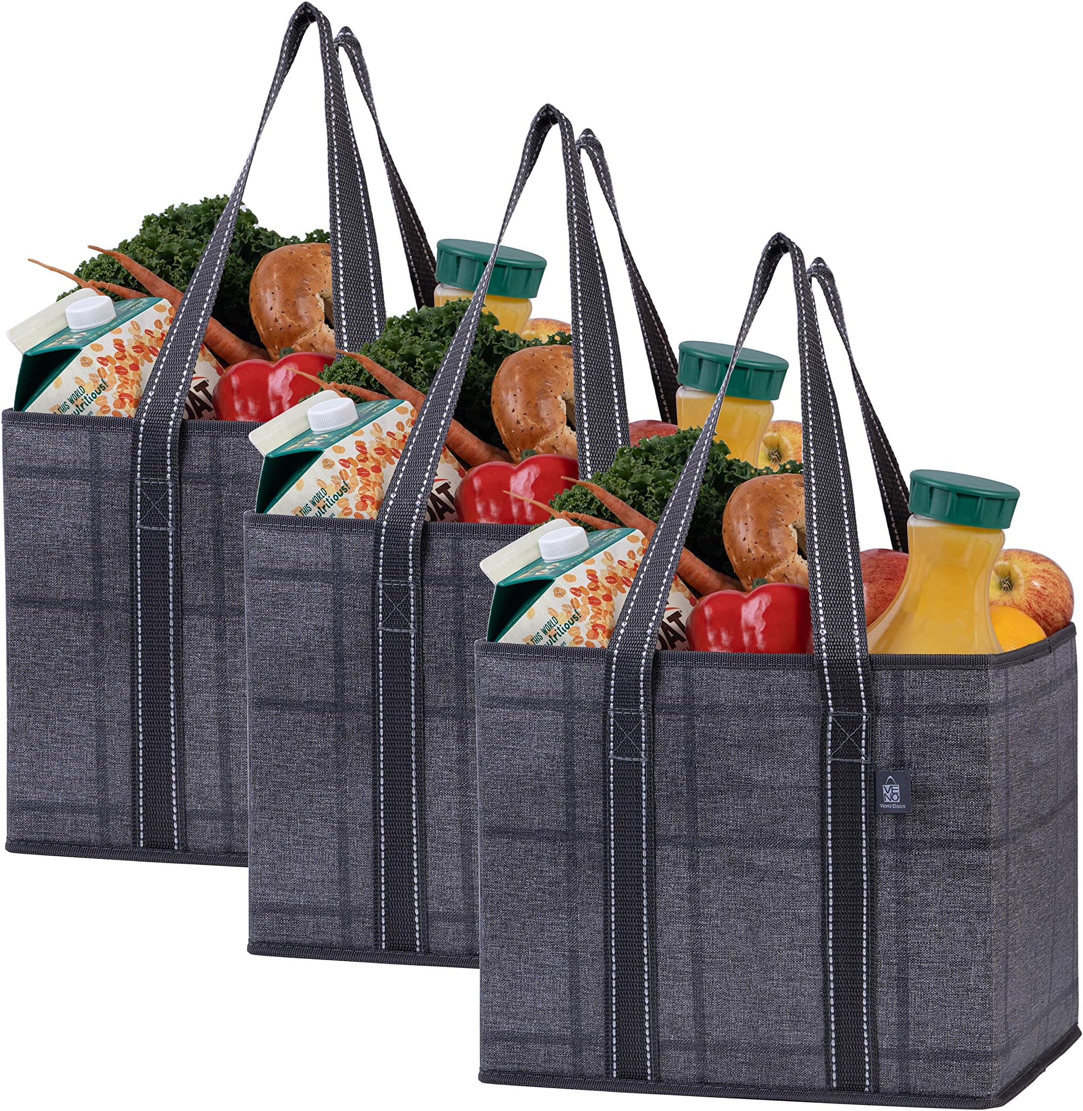 VENO 3 Pack Reusable Grocery Bag, Shopping Cart Bag, Trunk Organizer, Storage Box, Heavy Duty Tote, Hard Bottom, Stands Upright, Collapsible, Water-Resistant, Large Size (Black/Windowpane - Set of 3)