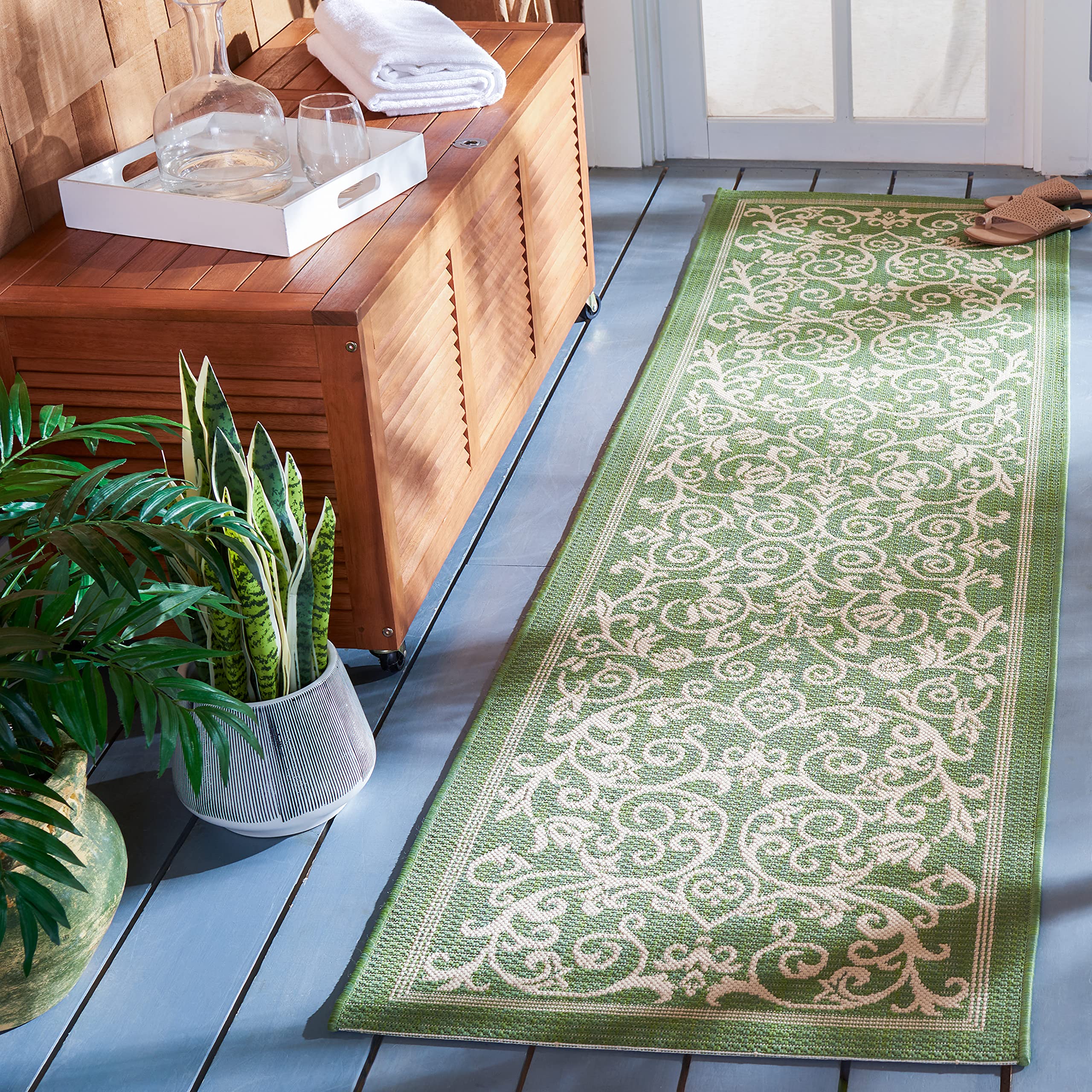 SAFAVIEH Washable Rug Outdoor Courtyard Collection - 2'3" x 8' Runner, Olive & Natural, Non-Shedding & Easy Cleaning, Ideal for Patio, Entryway,