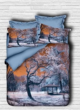 100% Cotton 3D Printed Winter Themed, Tree Bedding Set, Full/Queen Size Quilt/Duvet Cover Set, No Flat or Fitted Sheet 3 Pieces