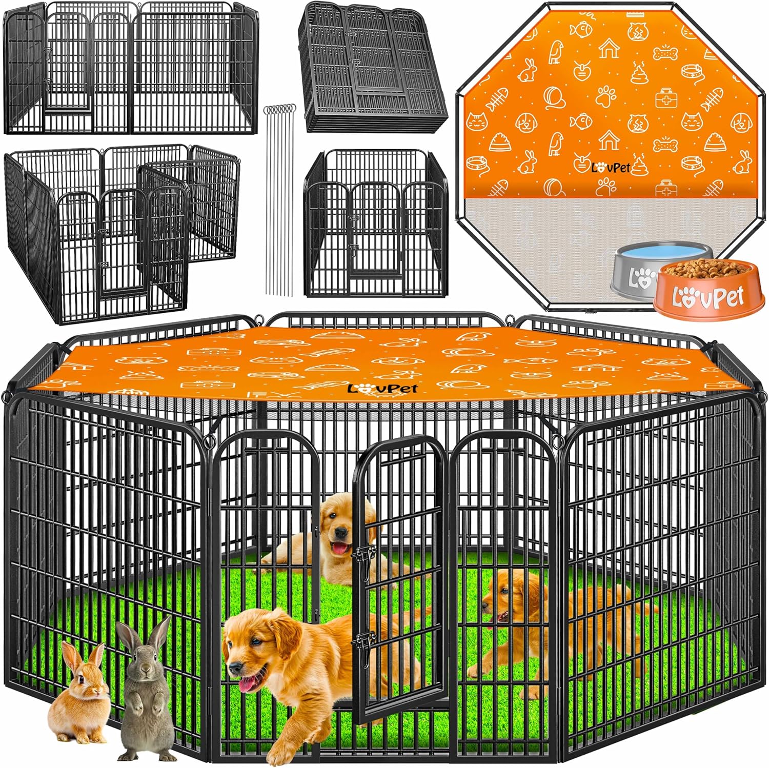 LovPet Welpenlaufstall Outdoor-Auslauf Welpenauslauf I Hundelaufstall XXL 8 Gitter je 80 x 80 cm I Wetterfester Tierlaufstall mit Tür für Hund Katze Welpe Kaninchen Meerschweinchen I mit Dach und Bodenankern