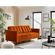 Furniturebox UK Joni 3 Seater Burnt Orange Velvet Sofa -Upholstered Modern Retro Orange Fabric Sofa with Black Wooden Tapered Legs - Square Stitching - Stylish & Contemporary Living Room
