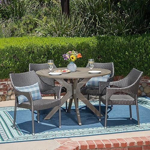 Lina Outdoor 5 Piece Wood and Wicker Dining Set, Gray