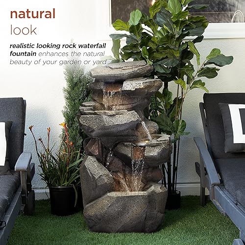 Miniatura 4 de Alpine Corporation WIN1184 Fuente de cascada de roca de 5 niveles con luces LED con aspecto de piedra natural, 40 pulgadas, gris