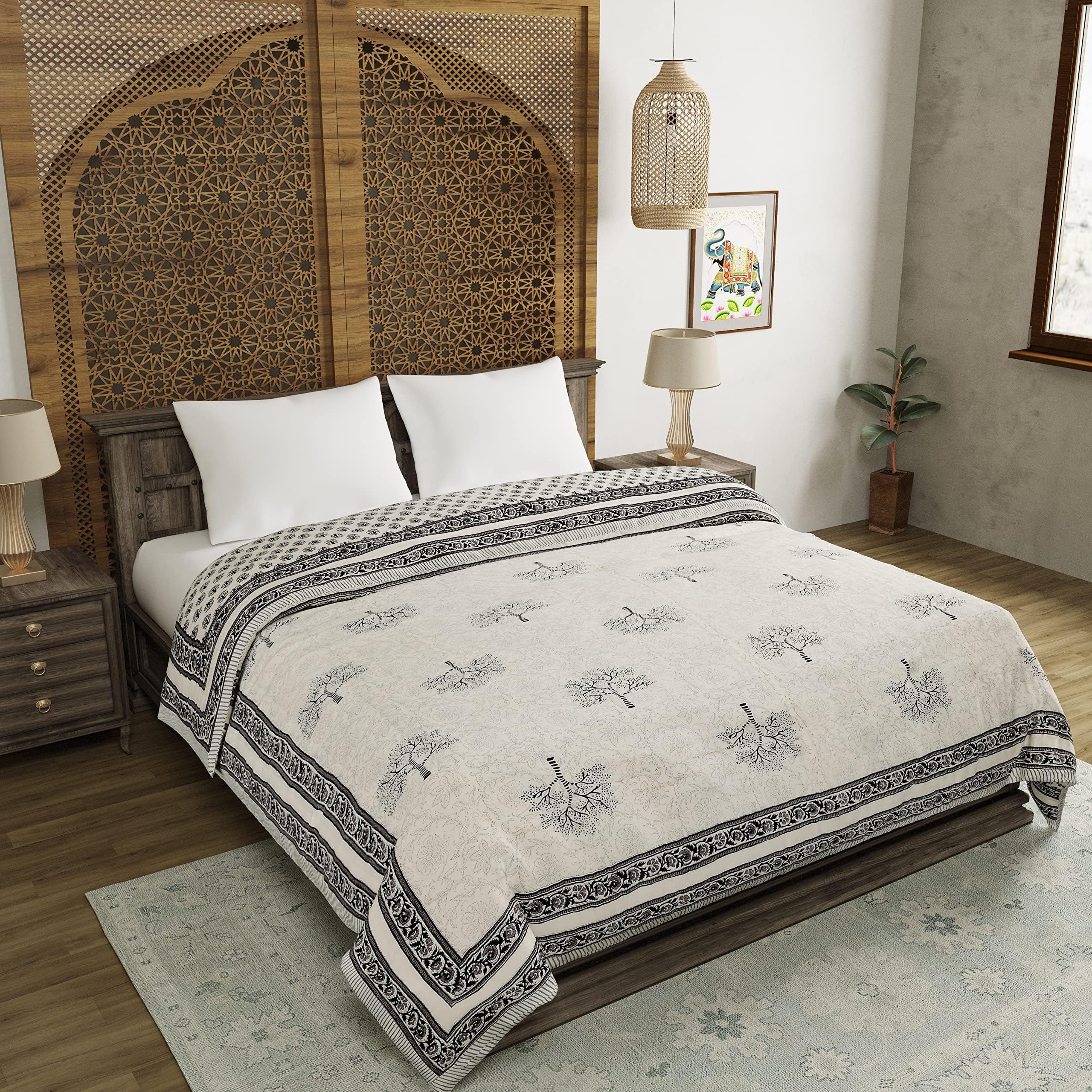 BLOCKS OF INDIA Hand Block Printed Cotton King Size Quilt/Rajai (90 Inch X 108 Inch, Grey Tree), Skin Friendly