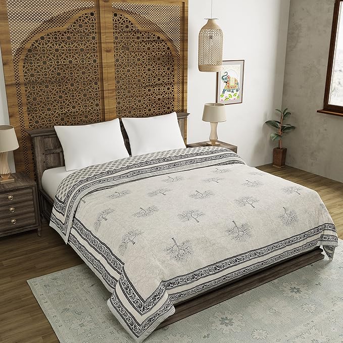 BLOCKS OF INDIA Hand Block Printed Cotton King Size Quilt/Rajai (90 Inch X 108 Inch, Grey Tree), Skin Friendly