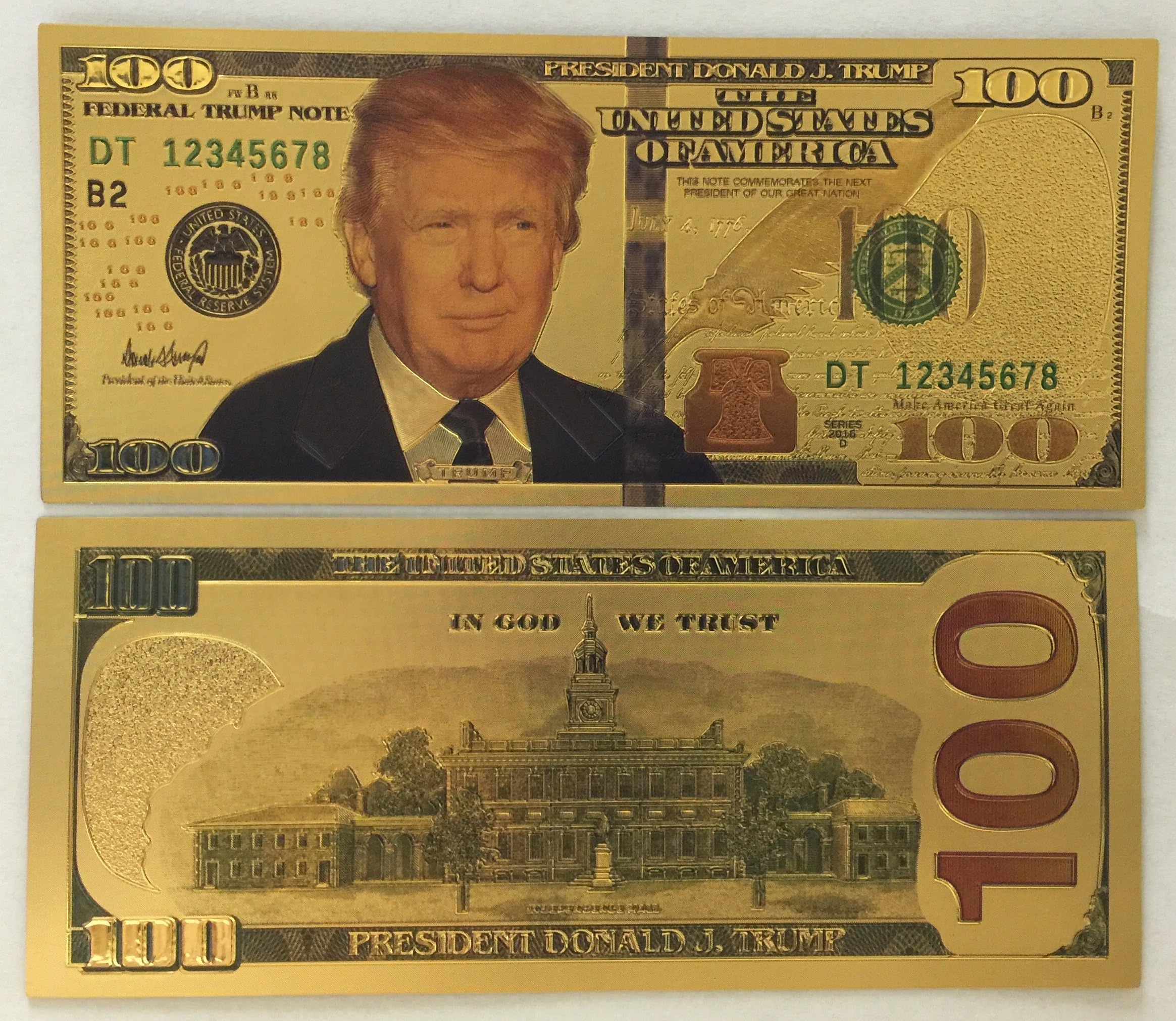 Aizics Mint Authentic $100 President Donald Trump Authentic 24kt Gold Plated Commemorative Bank Note Collectors Item