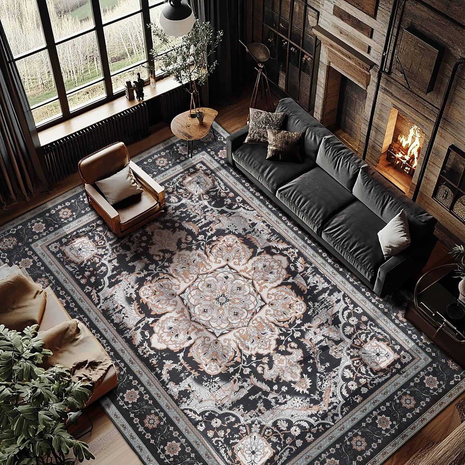 Boho Rug Washable 8x10 Area Rugs for Living Room Large Machine Washable Rug Stain Resistant Non-Slip Backing Rugs for Bedroom,Ultra Soft Vintage Large Area Rug(Black/Multi,8x10ft)