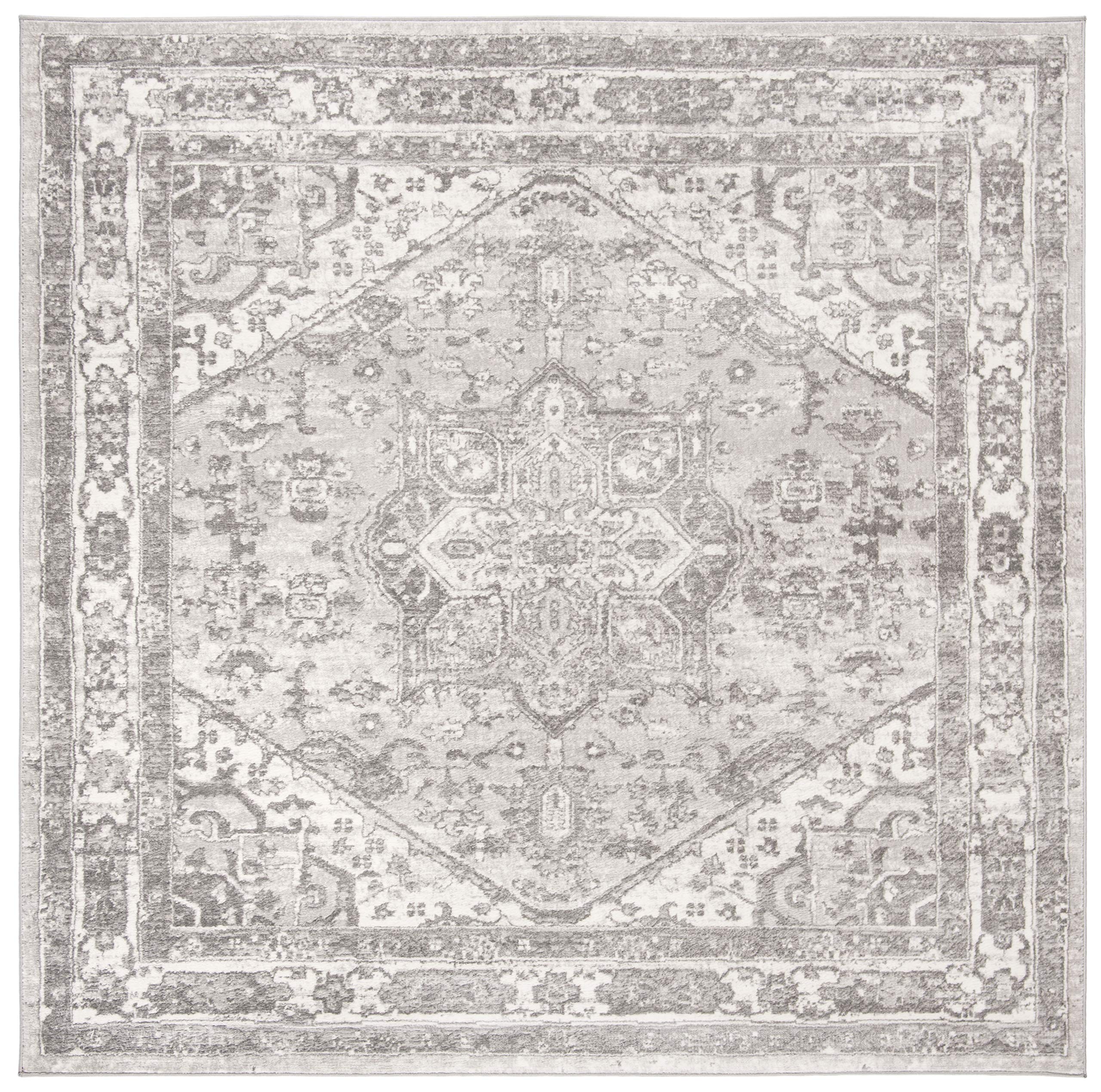 SAFAVIEH Brentwood Collection Area Rug - 9' Square, Cream & Grey, Medallion Distressed Design, Non-Shedding & Easy Care, Ideal for High Traffic Areas