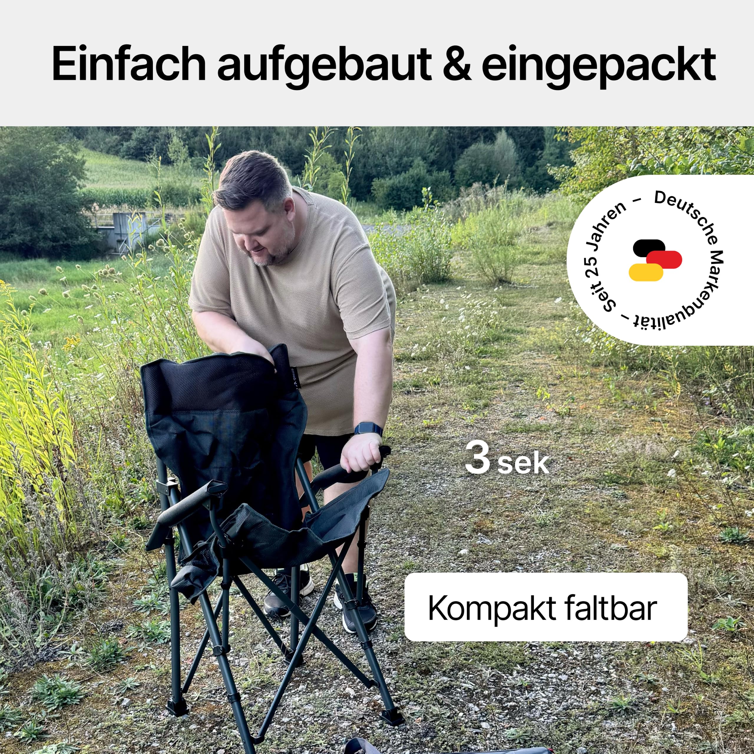 qeedo Johnny Jumbo, Stabiler XXL Campingstuhl bis 250 kg belastbar, mit Armlehnen, Getränkehalter, Kühltasche und robustem Stahlgestänge, Angelstuhl, faltbar, langlebig