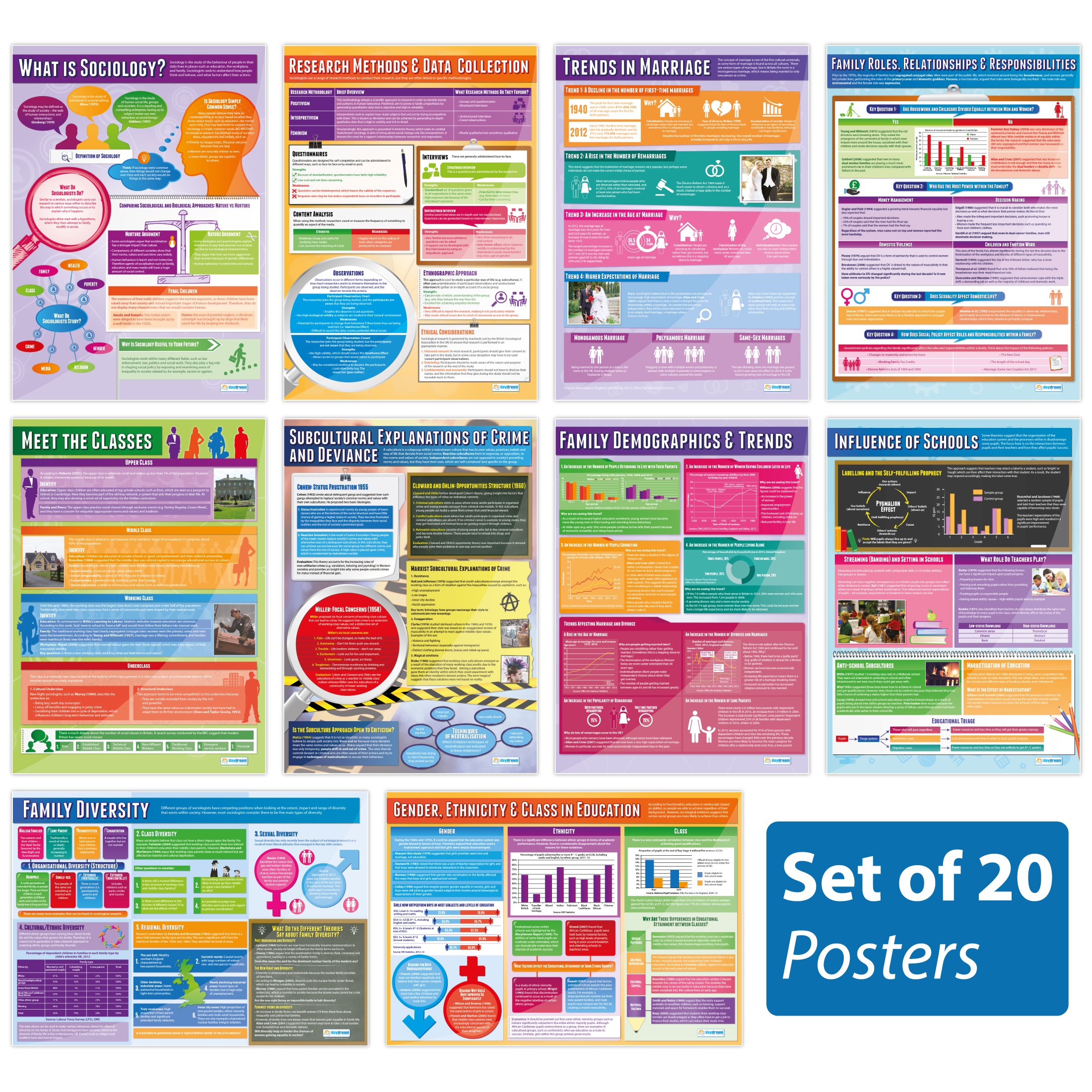 Daydream Education Sociology Classroom Posters - Set of 20 - EXTRA LARGE 33” x 23.5” - Gloss Paper - Sociology Middle & High School Class Decoration - Wall Charts