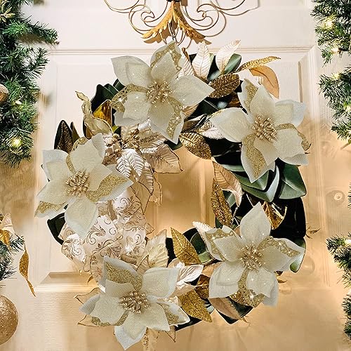 Miniatura 3 de Flores de Pascua artificiales con purpurina y clips de bricolaje para decoración, adornos y coronas de Navidad para decorar árboles de Navidad y