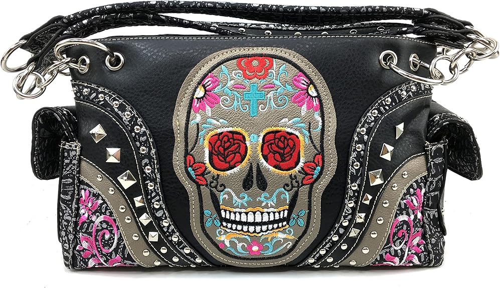 Fashion Floral Embroidery Rhinestone Skull Shoulder Concealed Carry Handbag Purse