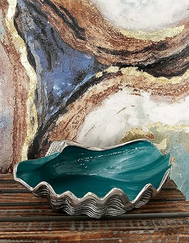 Miniatura 2 de Deco 79 - Cuenco de metal para servir con carcasa marina con interior esmaltado, 12 x 9 x 3 pulgadas, color plateado