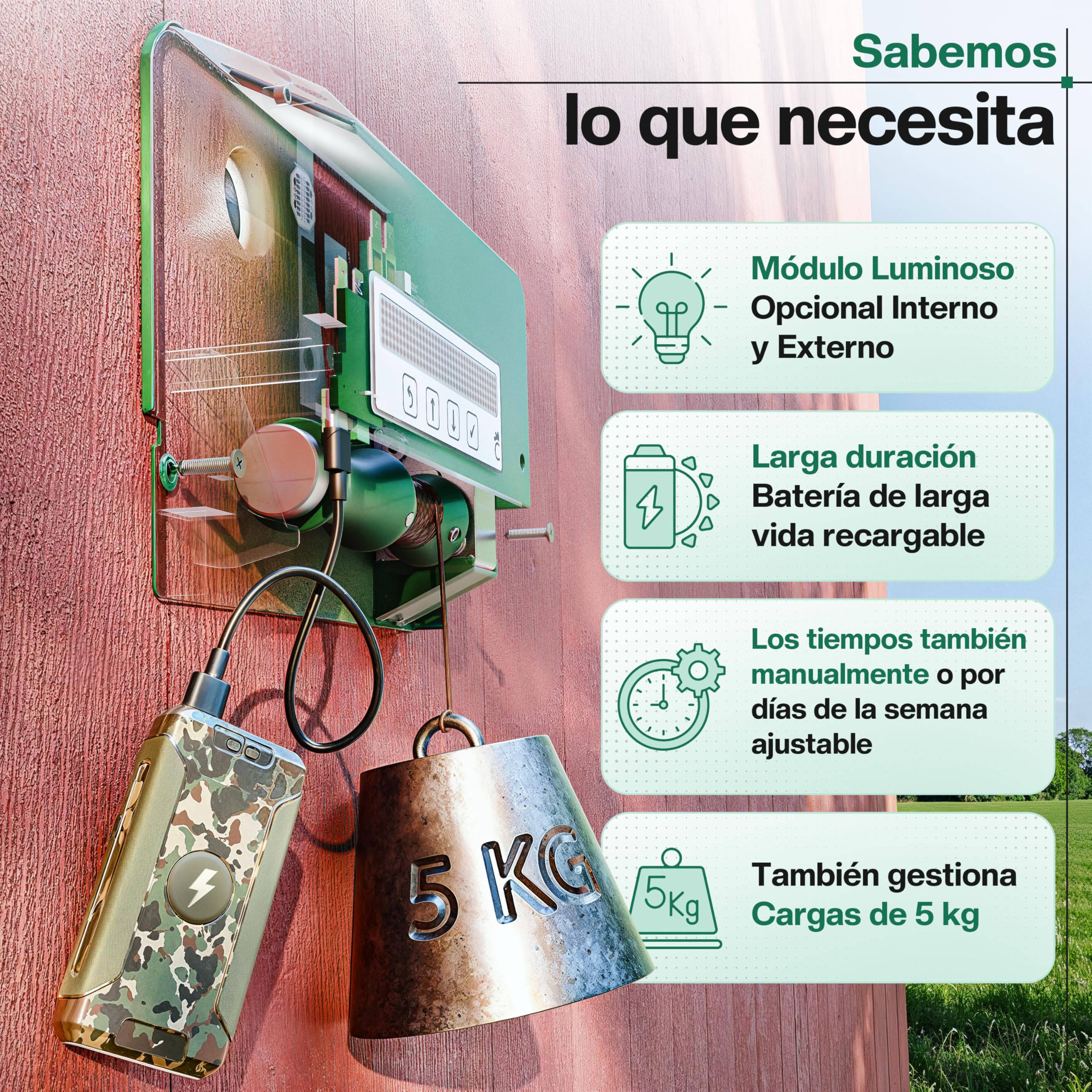 Abrepuertas solar de 5 kg para gallinas, programación automática del tiempo y ajuste del estado, con memoria integrada y doble rodillo, para la mayoría de los conejos de aves de corral.