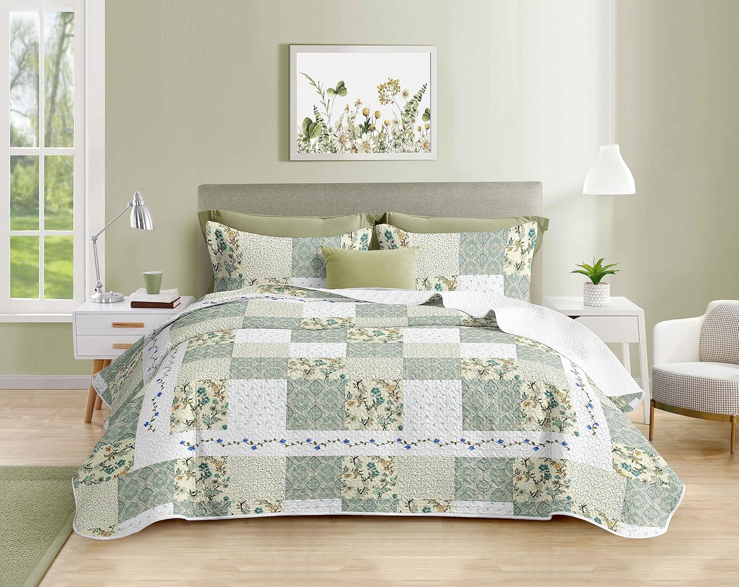 3 Piece Set Floral Quilt King Size Reversible Microfiber