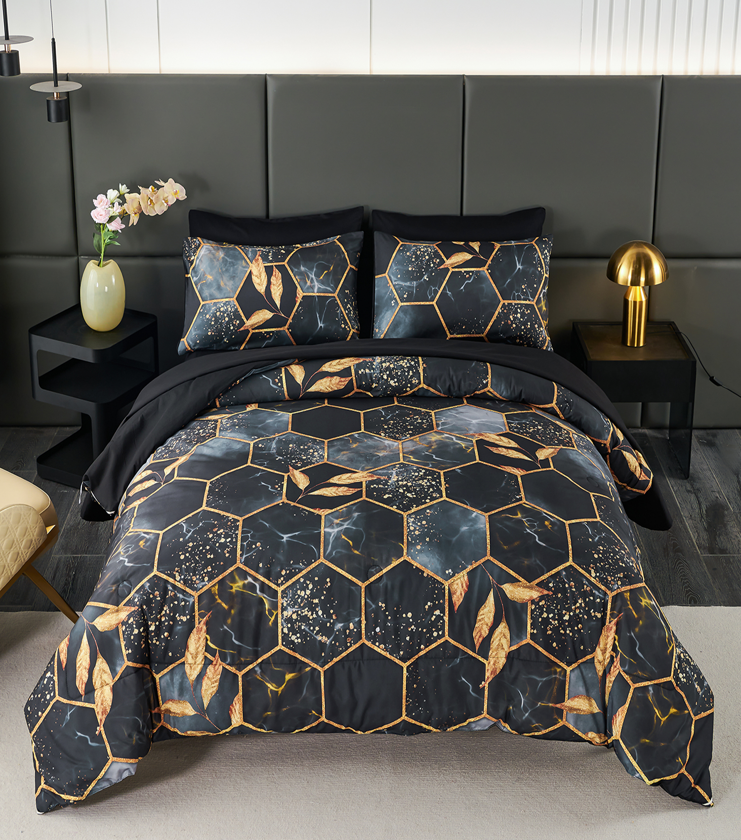ANGIYUUN Set Copripiumino Queen Size 7 Pezzi Nero/Geometrico – Microfibra Morbida Con Finiture Oro, Leggero Per Tutte Le Stagioni - 2