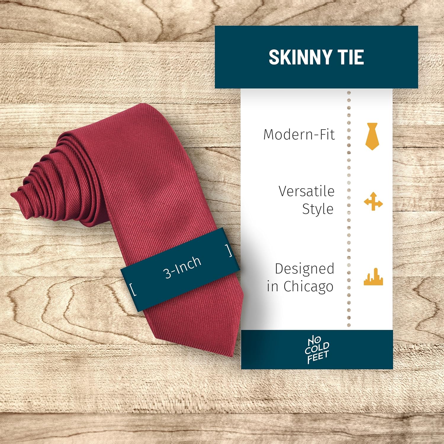 No Cold Feet Mens Silk Tie, Skinny 3-Inch Slim Necktie for Wedding, Birthday, Anniversary, Graduation, Gifts for Him