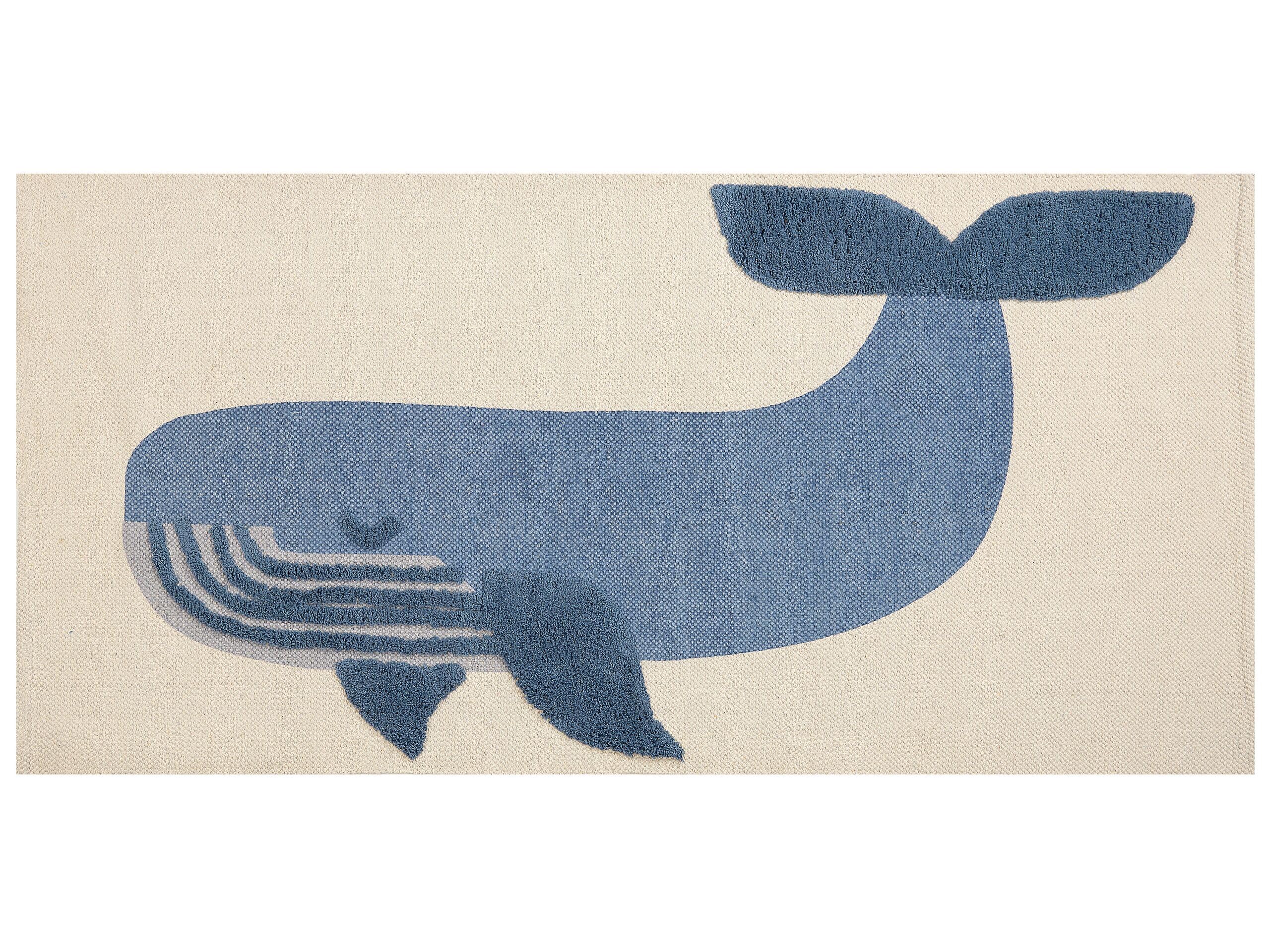 Kids Rug Cotton Animal Whale Motif Print 80 x 150 cm Handwoven Beige and Blue Selai