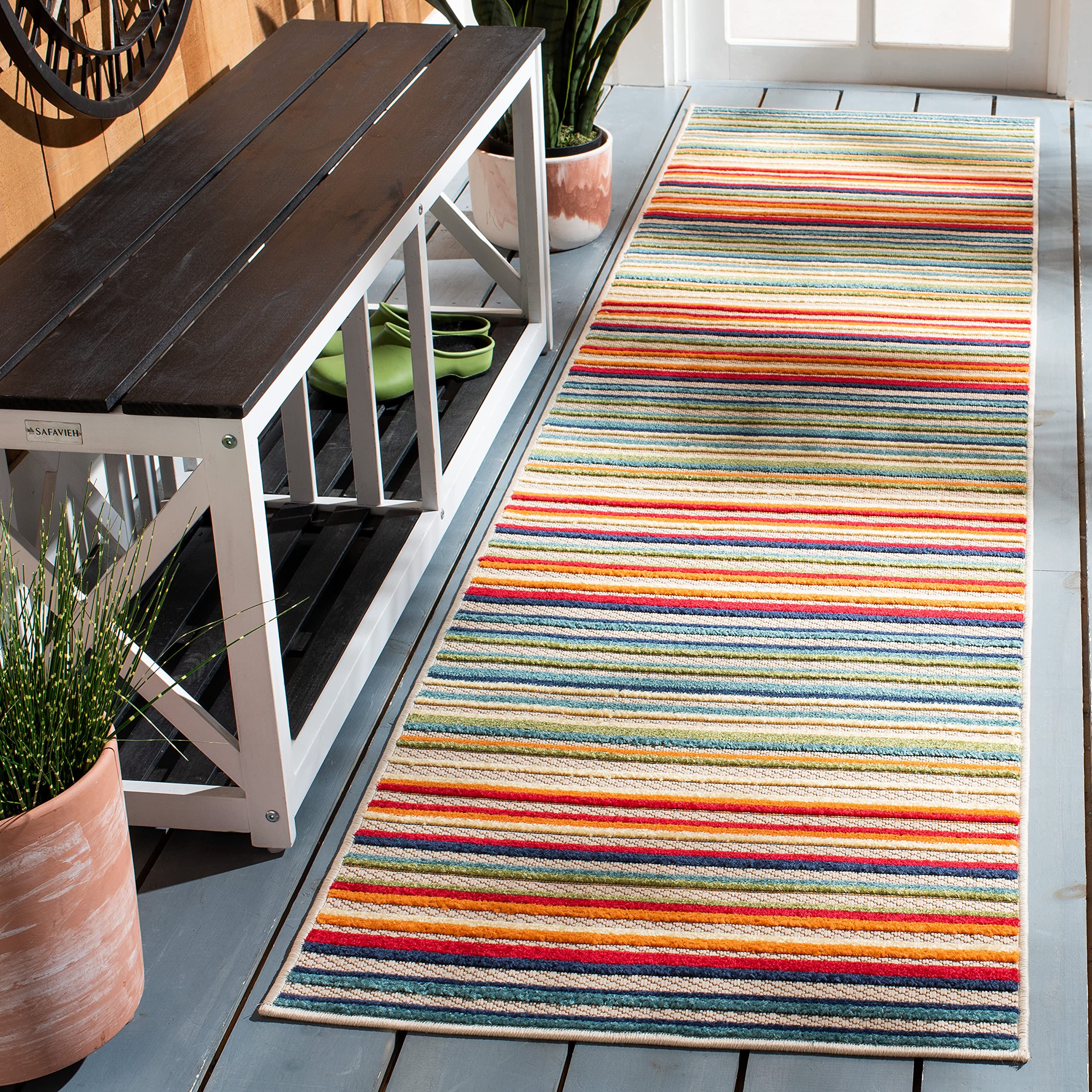 SAFAVIEH Washable Rug Outdoor Cabana Collection - 2'2" x 7' Runner, Ivory & Green, Non-Shedding & Easy to Clean, Ideal for Patio, Backyard, Mudroom (