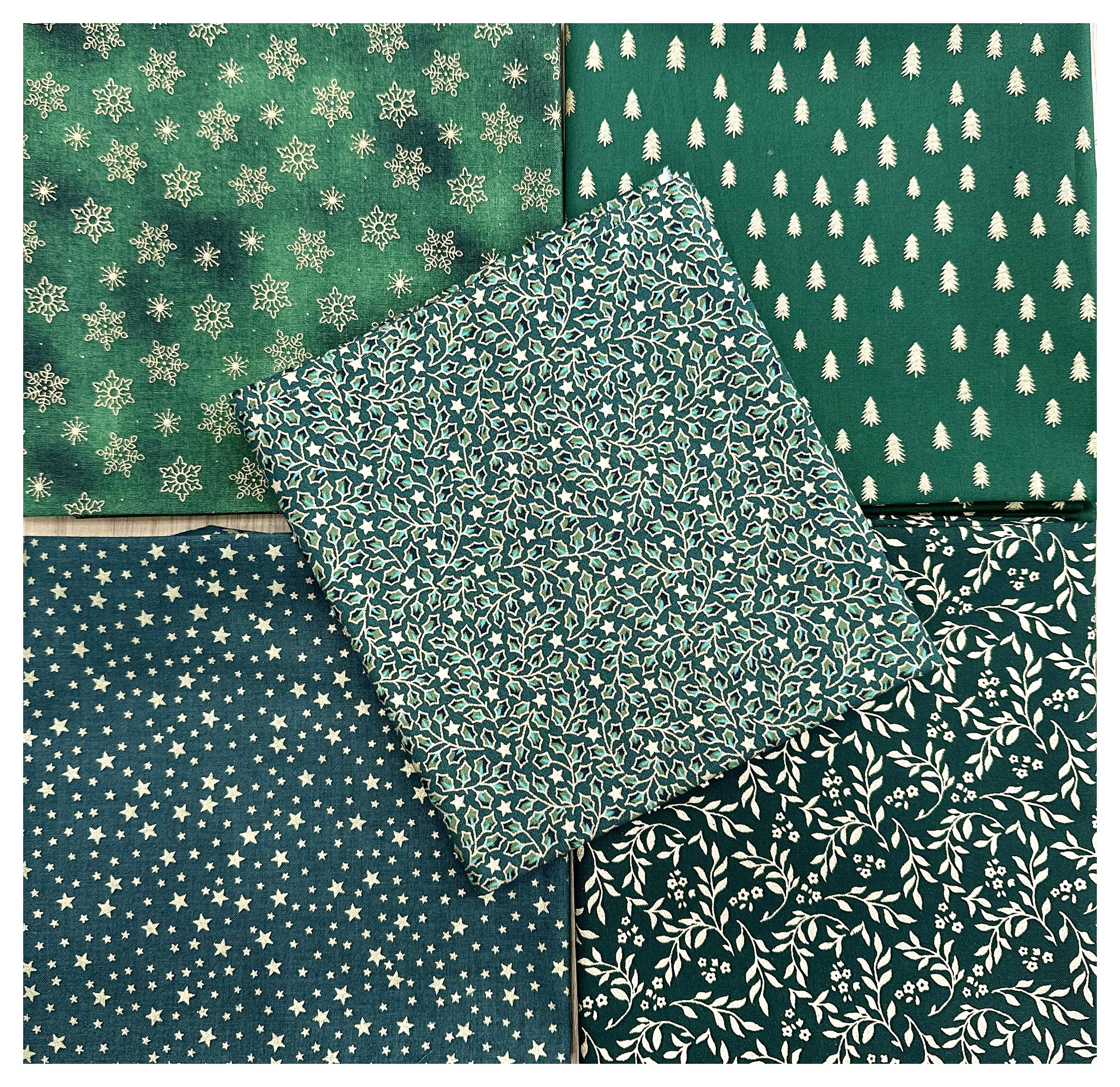 Glamour Secrets Green Fat Quarter Bundle - Christmas Metallic Gold Snowflake Trees Craft Fabric Material