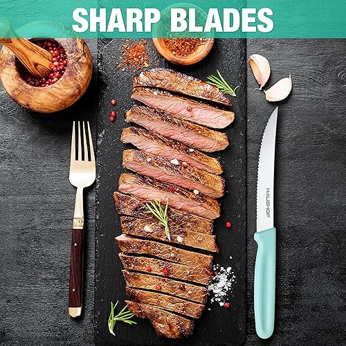 Miniatura 4 de HAUSHOF Juego de 4 cuchillos para carne, cuchillos de carne dentados, juego de cuchillos de carne de acero inoxidable de alta calidad con caja de