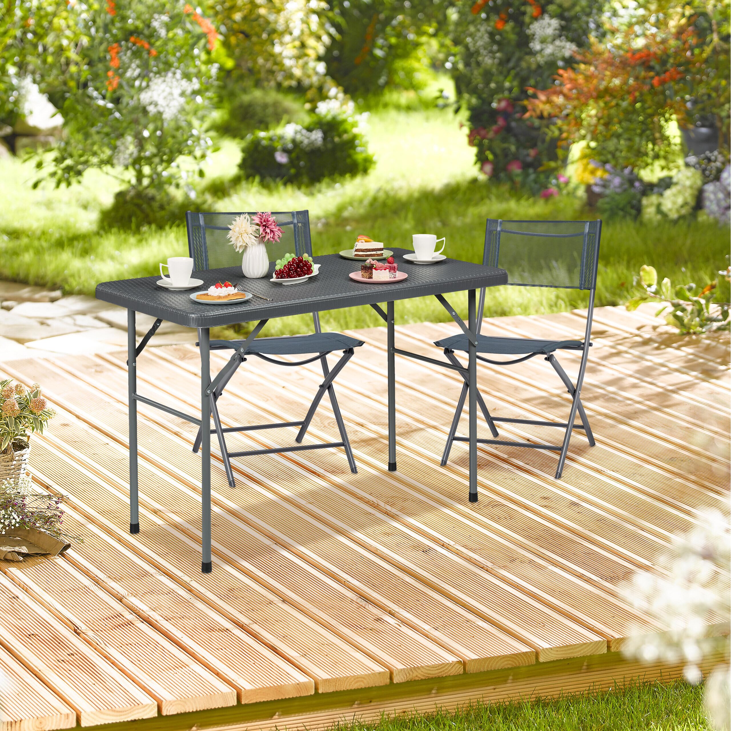Relaxdays Tavolino Ripiegabile da Giardino, HLP 74 x 121,5 x 61 cm, Aspetto Rattan, Tavolo di Plastica e Metallo, Grigio